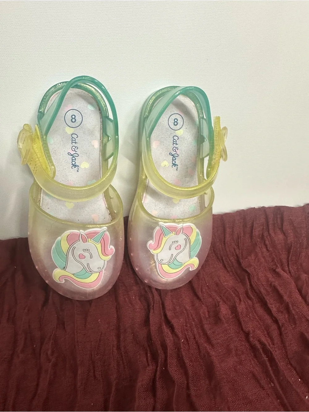 Cat & Jack Girls Size 8 Jelly Sandals Rainbow Unicorn Glitter Buckle Shoes